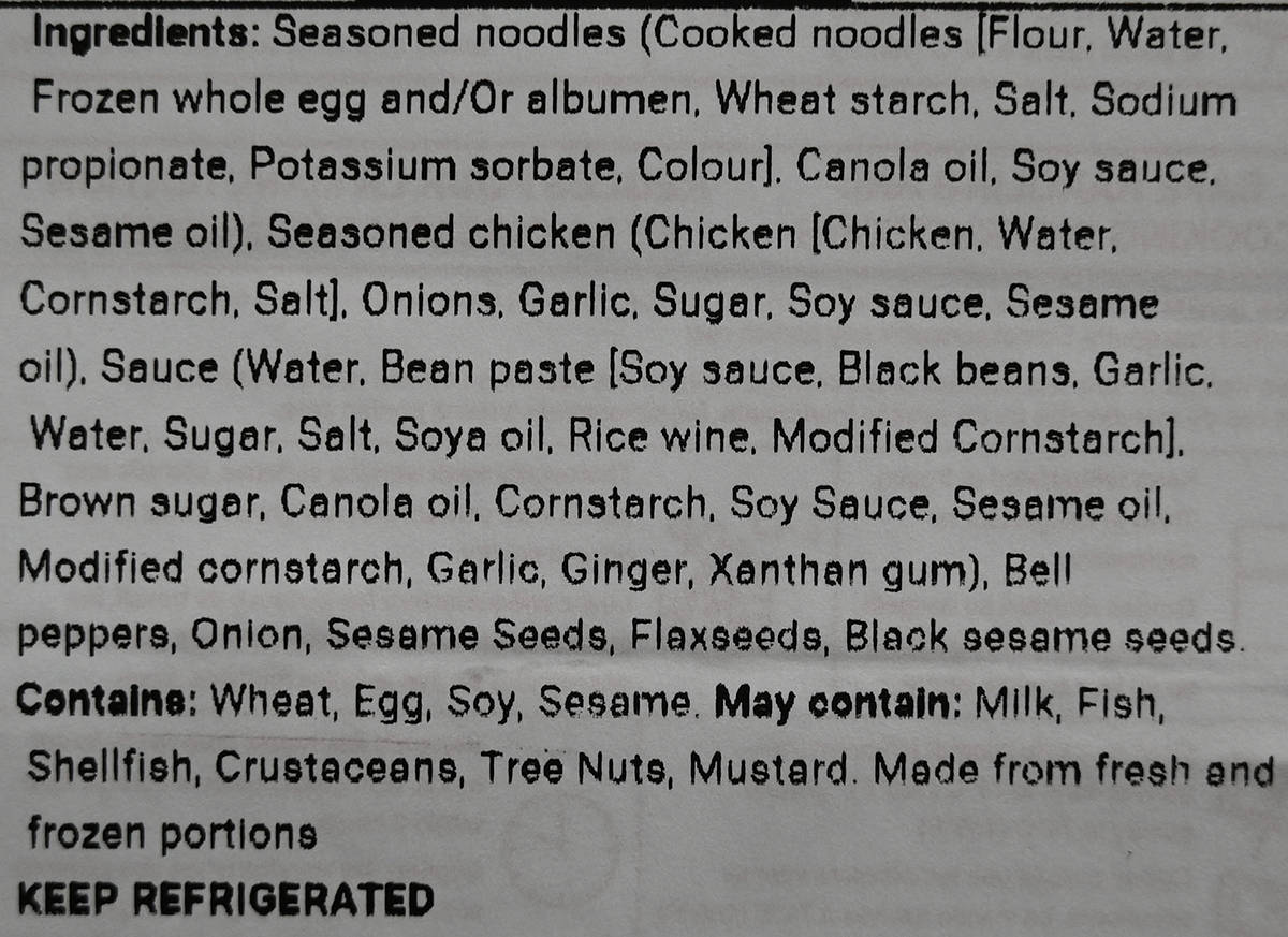 Image of the ingredients for the chicken chow mein from the package.