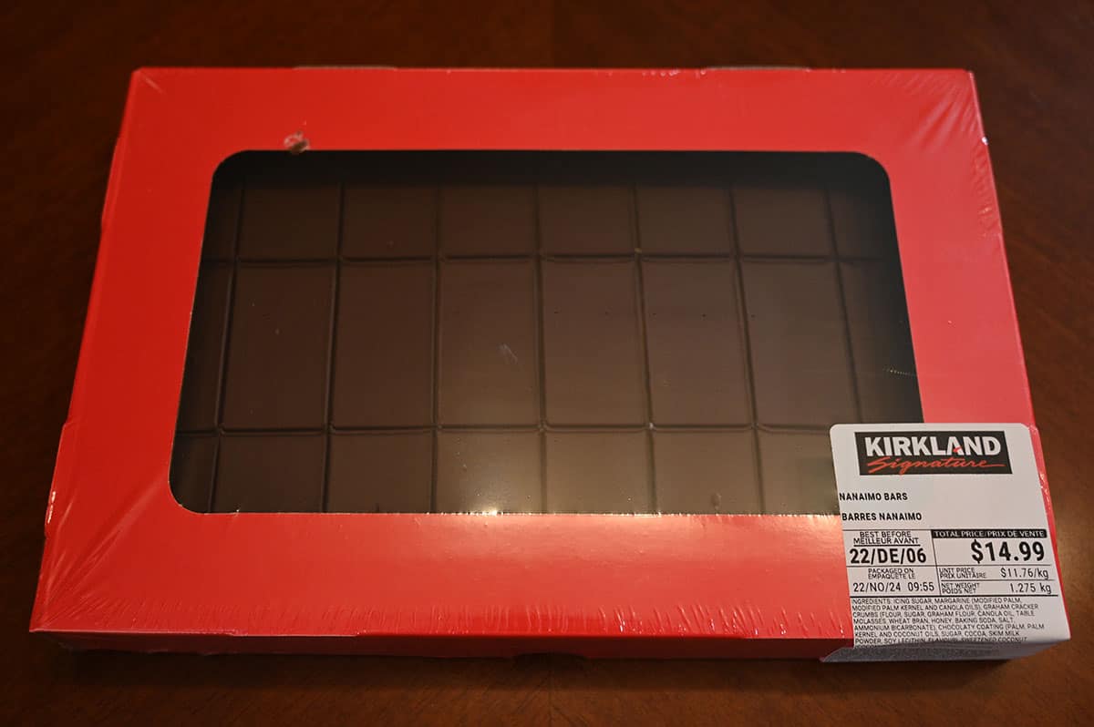 Image of the Costco Kirkland Signature Nanaimo Bars box sitting on a table, top down image.