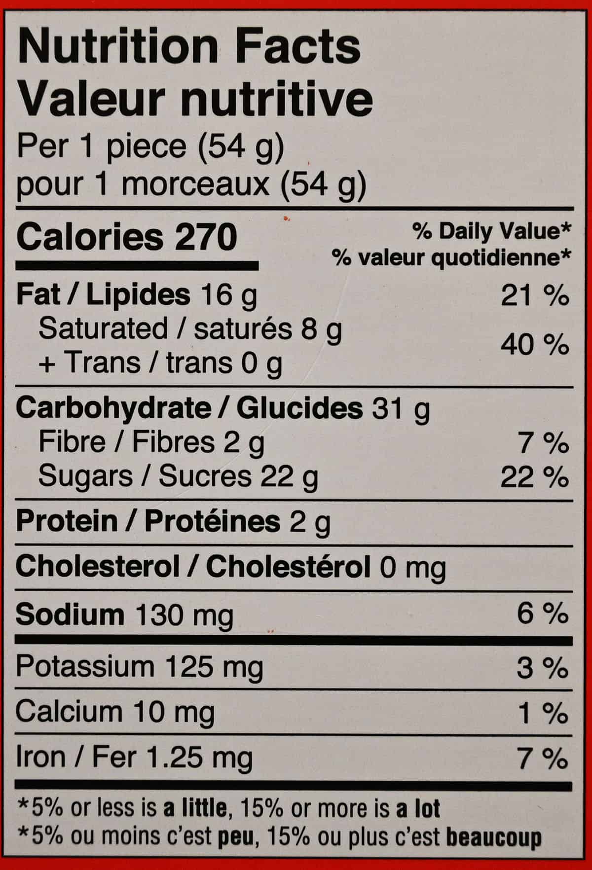 Image of the Nanaimo bar nutrition facts from the box.