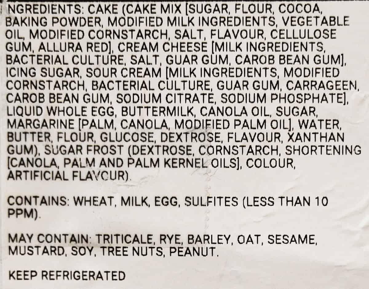 Image of the ingredients list from the cake container.
