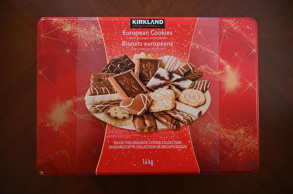 Costco Kirkland Signature European Cookies tin sitting on a table with the packaging on.
