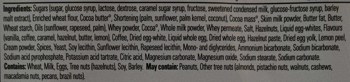 Image of the ingredients list from the tin of cookies.