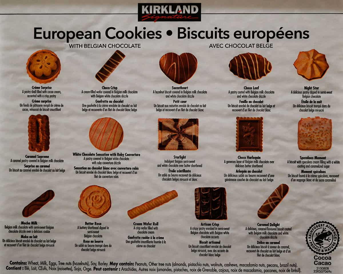 Image of the Costco Kirkland Signature European Cookies guide showing the different kinds of cookies in the tin and what flavor they are. 