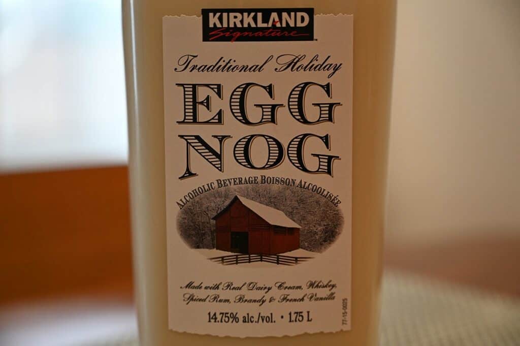 Image of the Costco Kirkland Signature Traditional Holiday Egg Nog Alcoholic Beverage label on the bottle