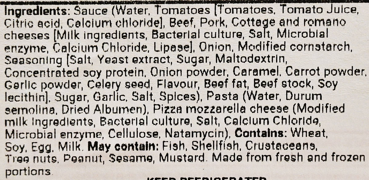 Image of the ingredients list for the lasagna from the label.