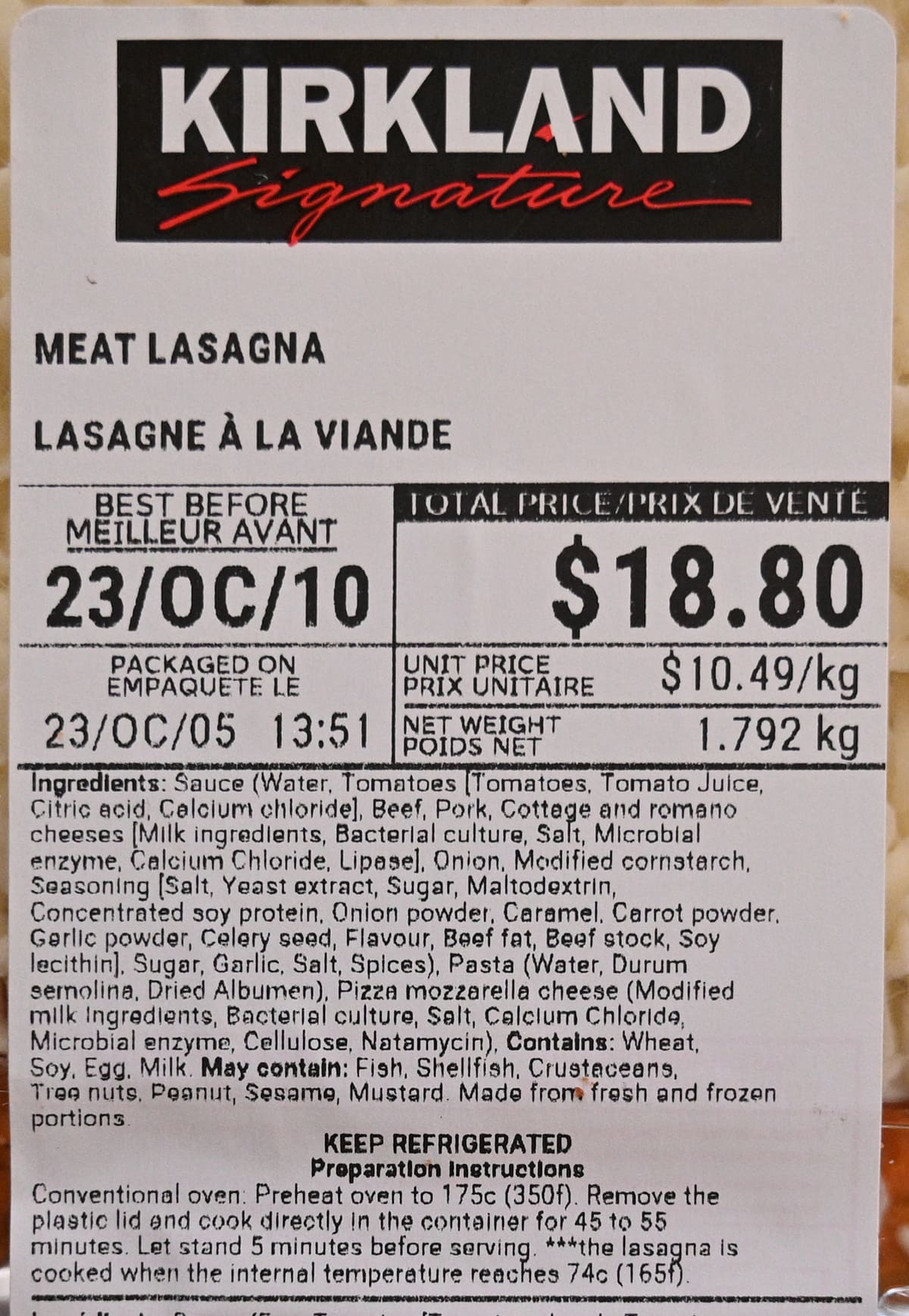 Image of the front label on the lasagna showing cost, ingredients and cooking instructions.