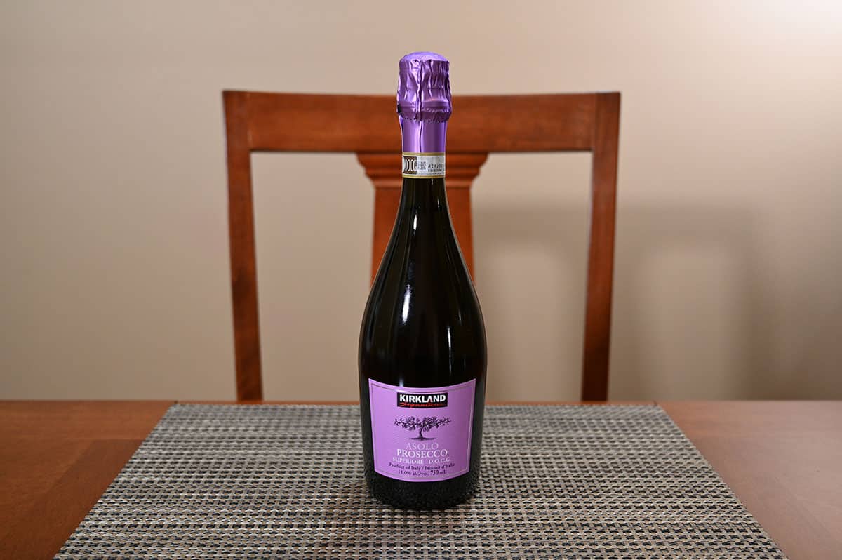 Image of a bottle of Costco Kirkland Signature Prosecco sitting on a table.