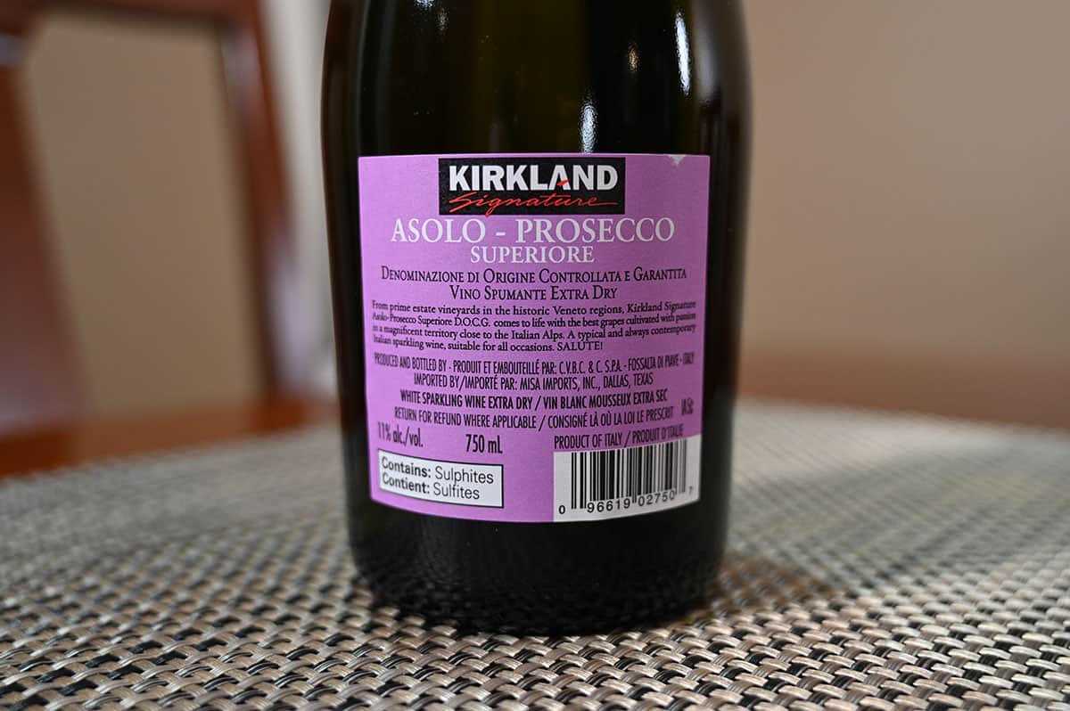 Image of the label on the back of the bottle of Costco prosecco stating it's from Italy.