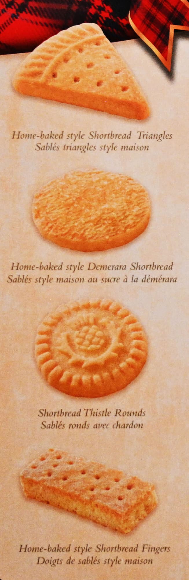 Image of the guide from the tin showing the title of each shape of shortbread, four different kinds.