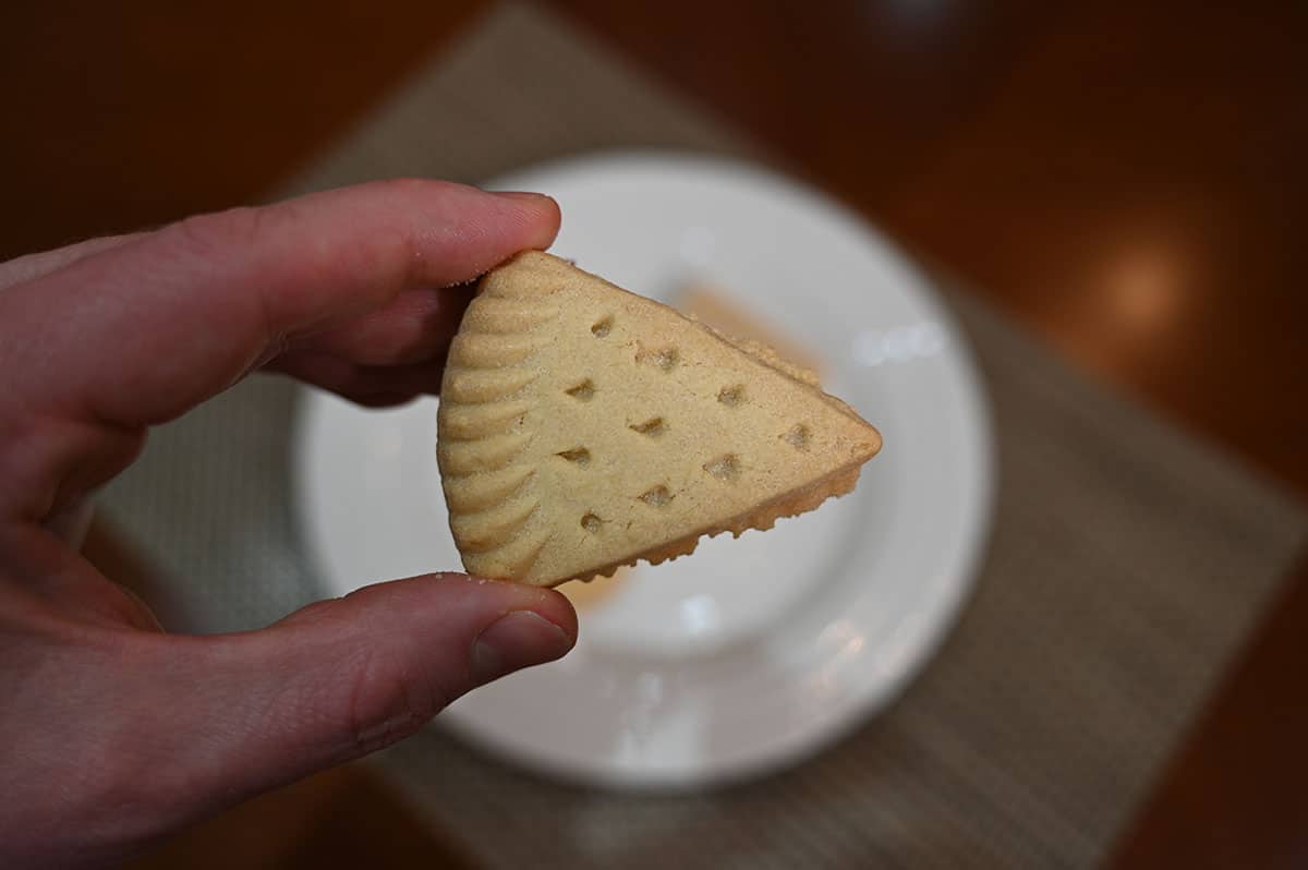 Image of a hand holding one shortbread triangle cookie.