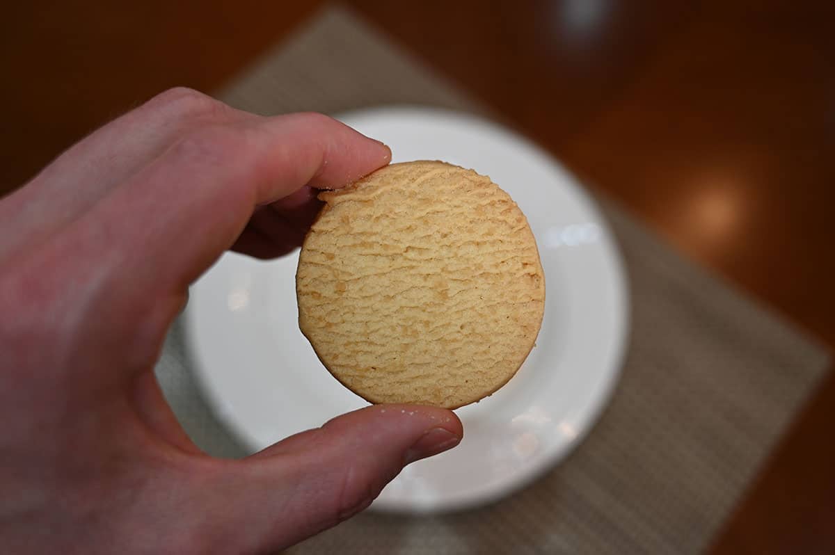 Closeup image of a hand holding one Demerara shortbread cookie.