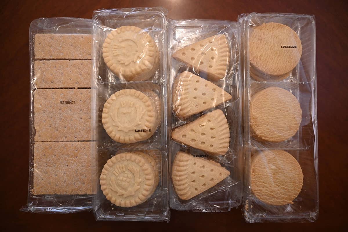 Image of the four different varities (shapes) of shortbread in their plastic packaging.