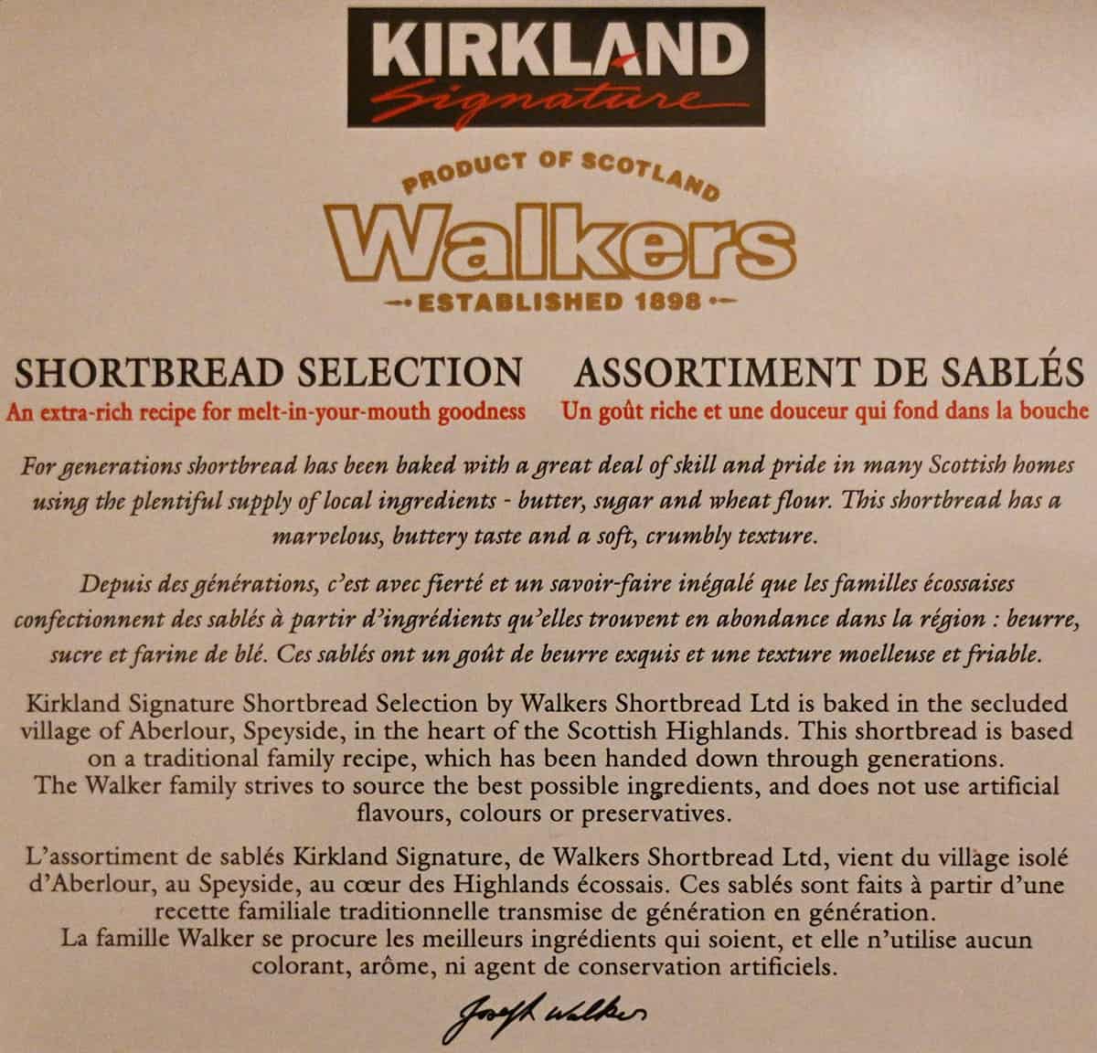 Image of the Walkers company and product description from the back of the tin.