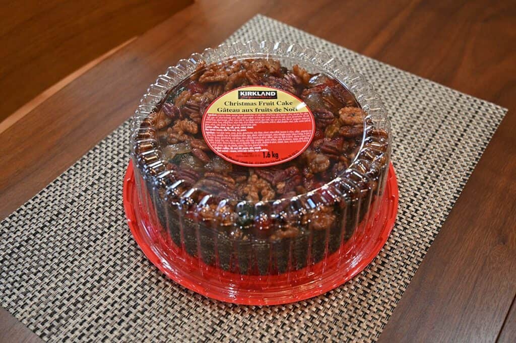 Side image of the Costco Kirkland Signature Christmas Fruit Cake in the packaging 