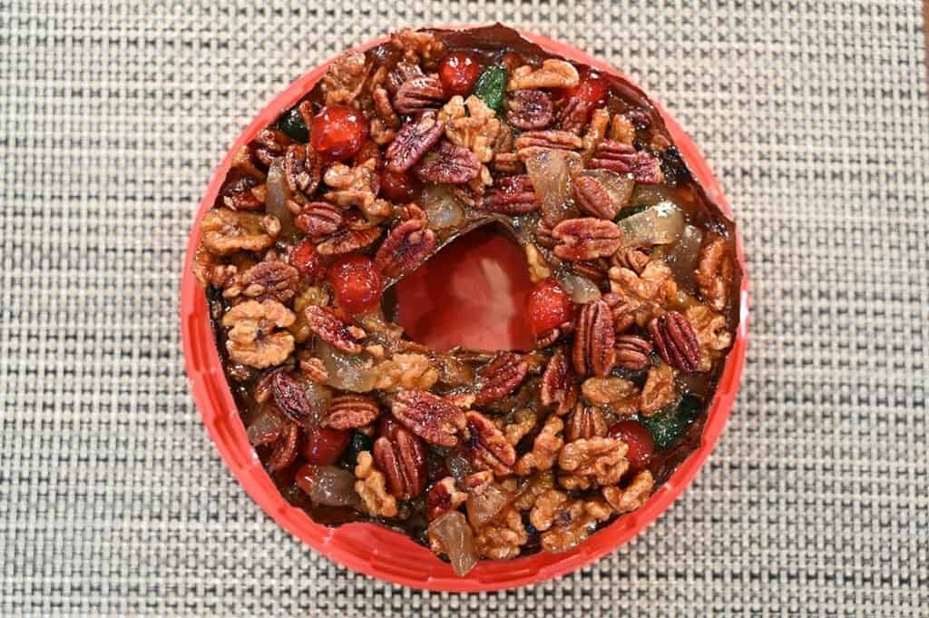 Top view image of the Costco Kirkland Signature Christmas Fruit Cake without the lid on 