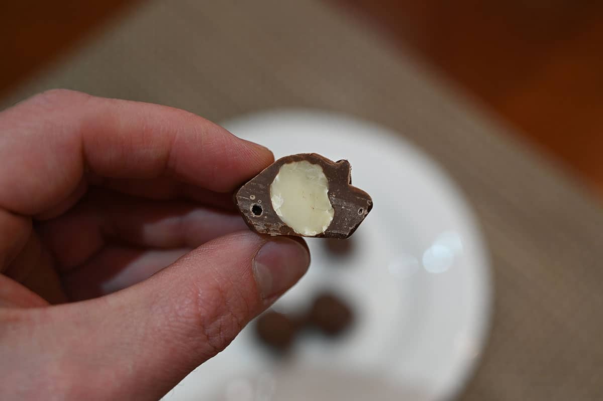 Image showing a chocolate with a bite taken out of it so you can see the macadamia nut in the center.