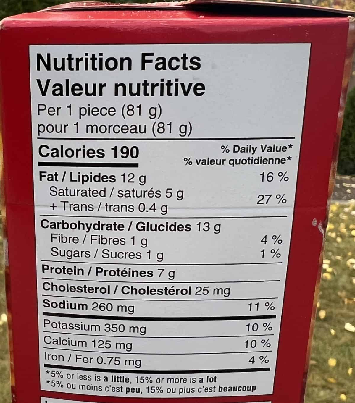 Image of the nutrition facts for the potato skins from the back of the box.