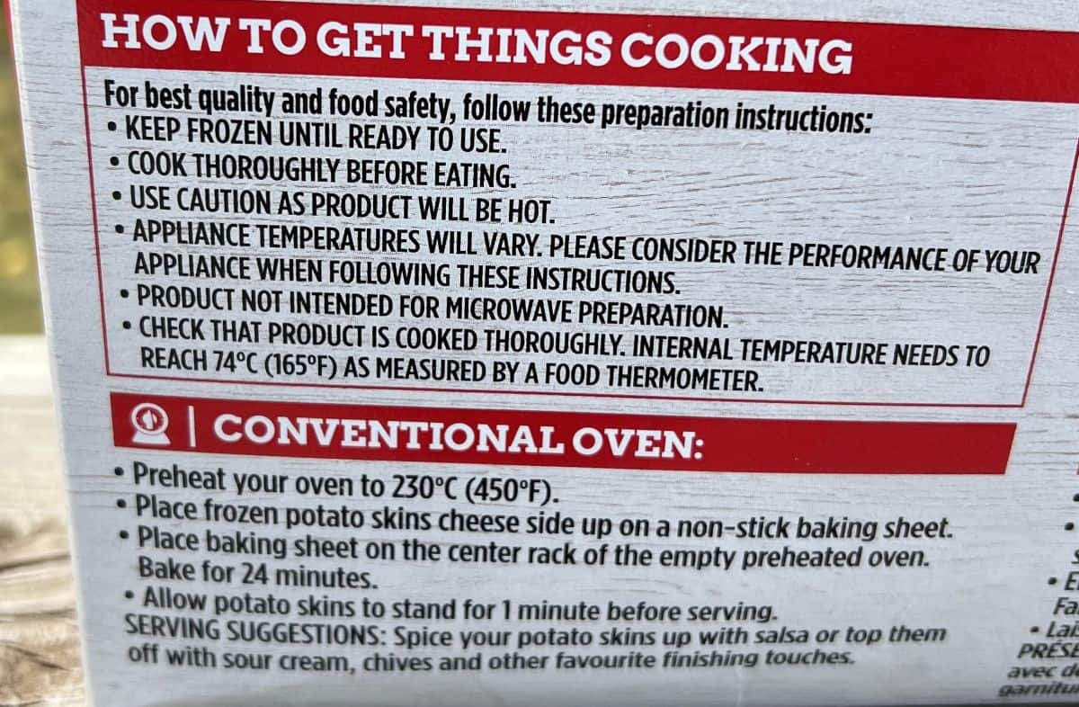 Image of the cooking instructions for the potato skins from the back of the box.