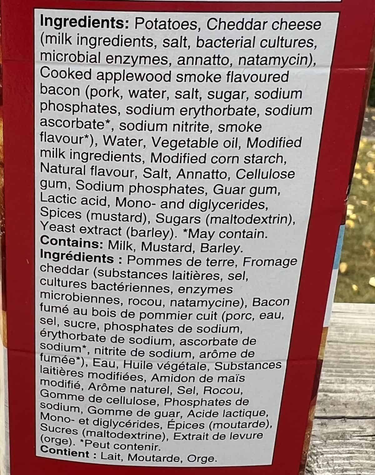 Image of the ingredients list for the potato skins from the back of the box.