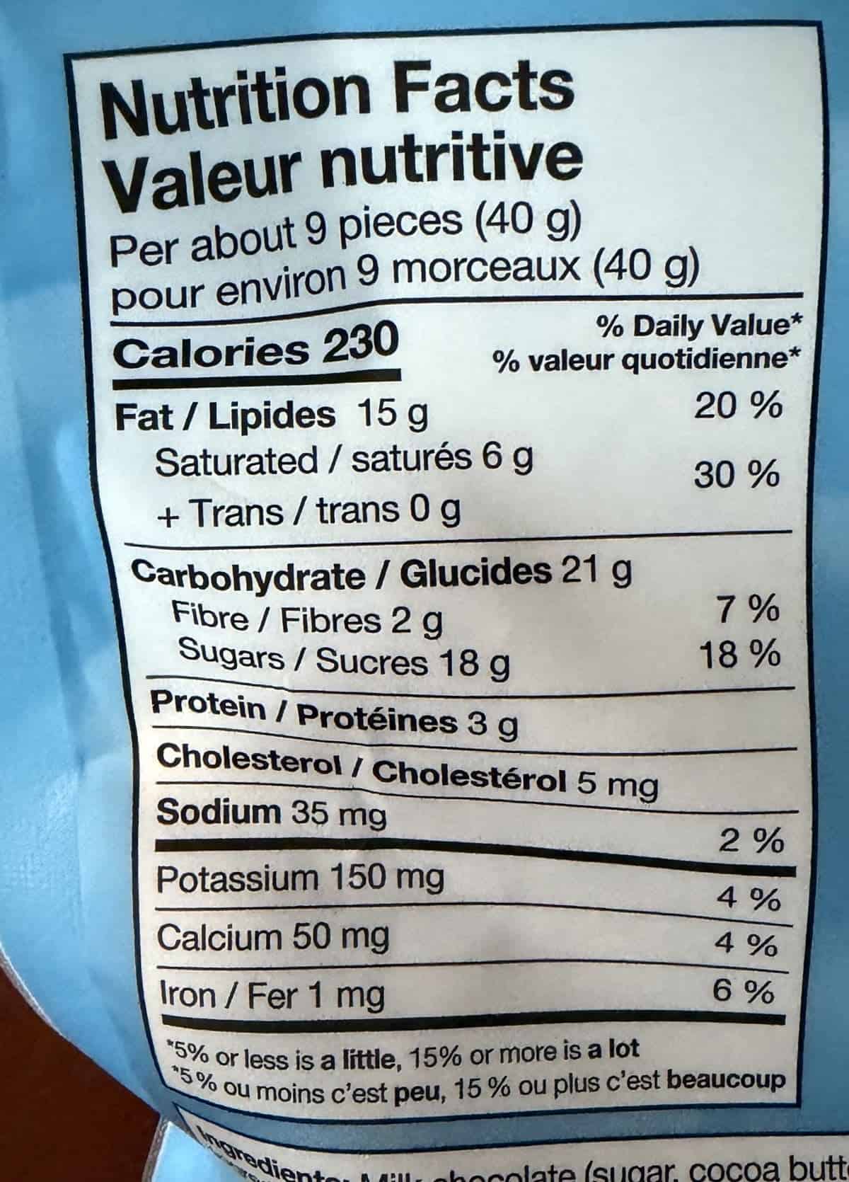 Image of the nutrition facts from the back of the bag.