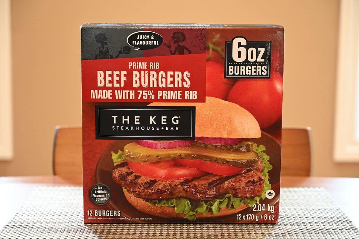 Costco The Keg Prime Rib Beef Burgers  box sitting on a table. Side image.