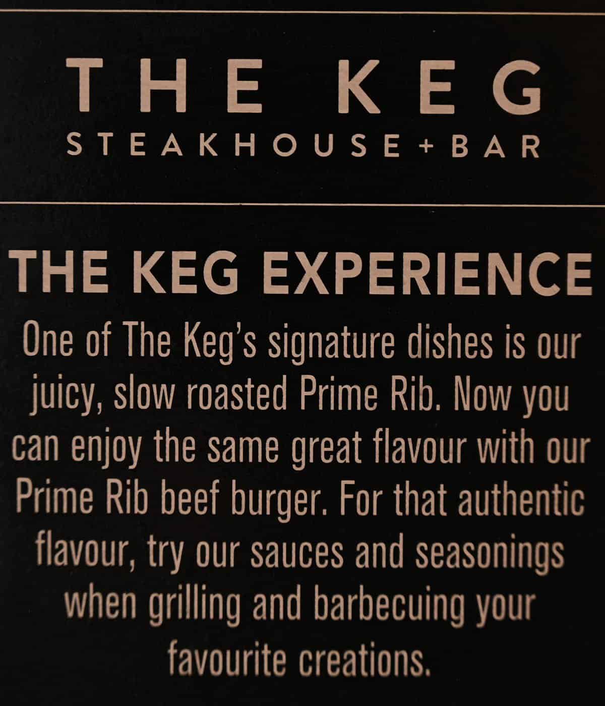 The Keg Prime Rib Beef Burgers product description from box. 