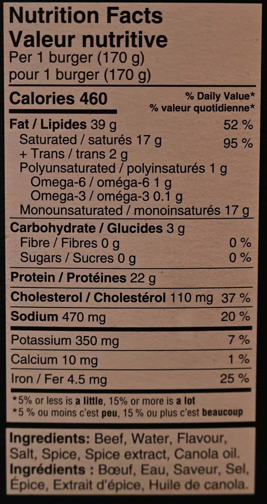 Costco The Keg Prime Rib Beef Burgers nutrition facts from box. 