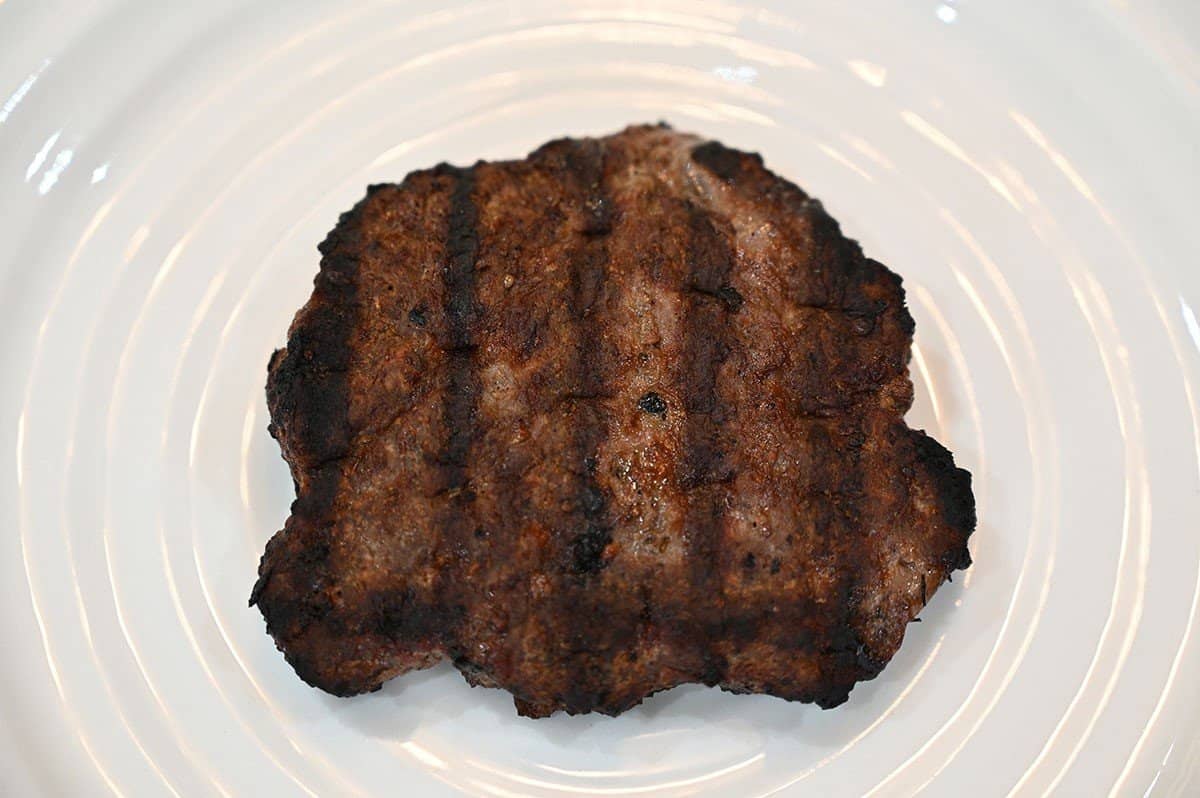 Costco The Keg Prime Rib Beef Burger cooked and on a white plate. 
