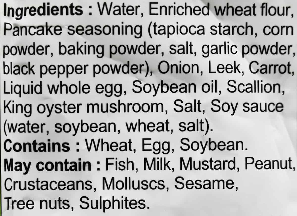 Image of the ingredients for the pancakes from the back of the bag.