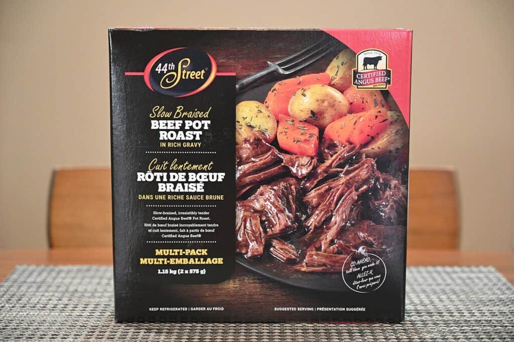 Costco 44th Street Beef Pot Roast box sitting on table unopened. 