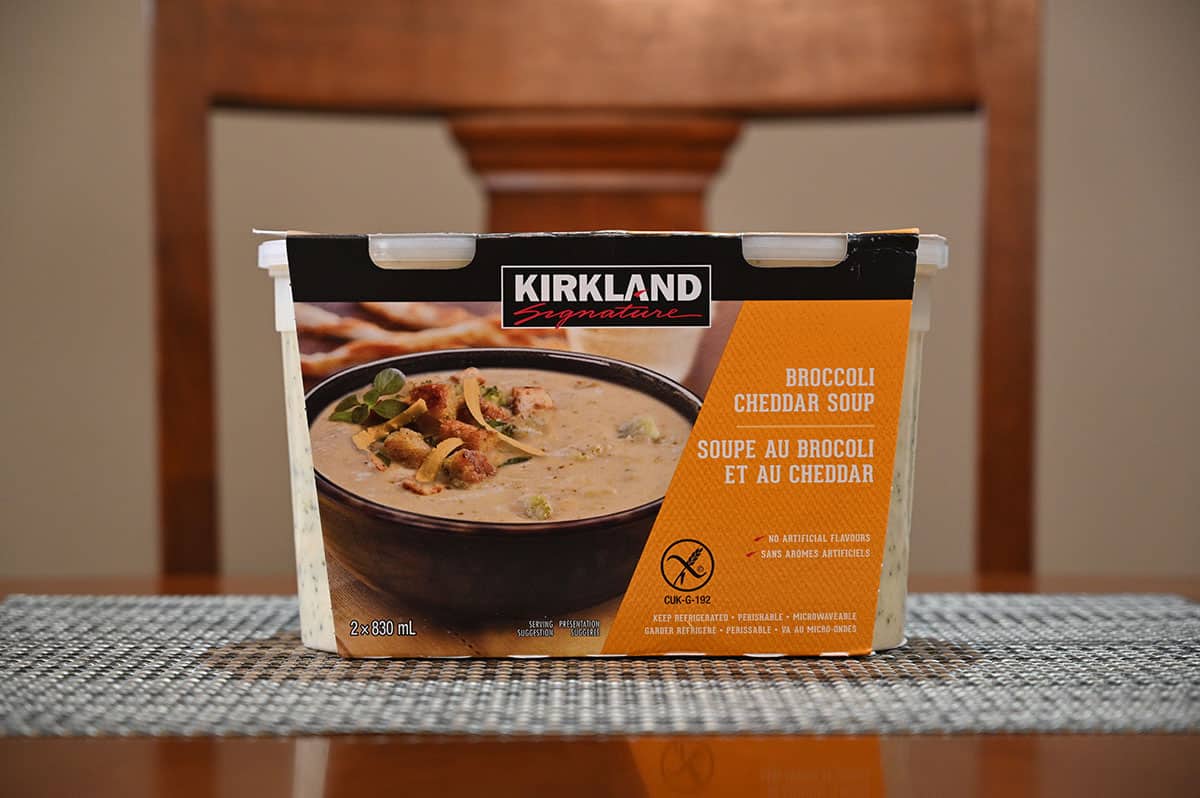 Image of the package of the Costco Kirkland Signature Brocolli Cheddar Soup two pack on a table.