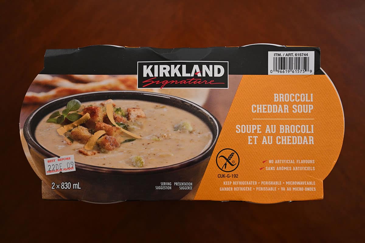 Top down image of the package of Kirkland Signature Broccoli Cheddar Soup 