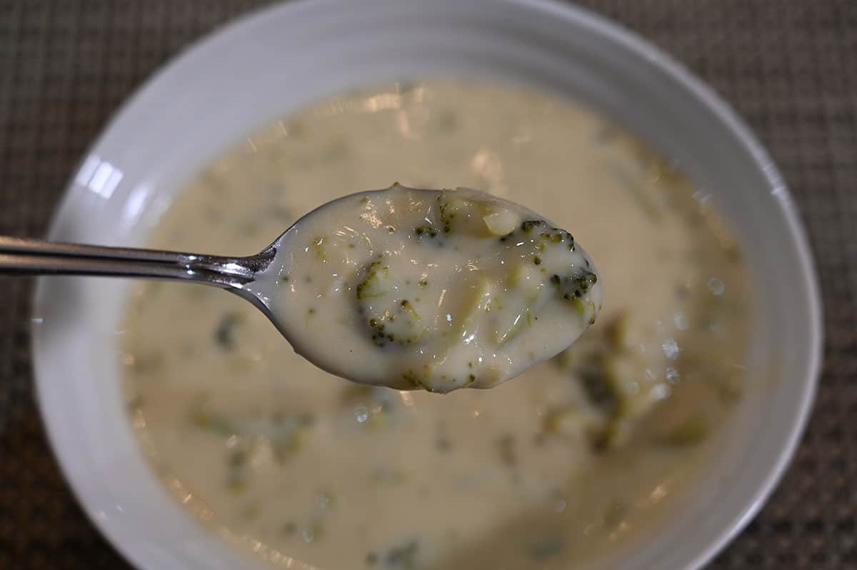 Closeup image of a spoonful of the soup with a white bowl of soup in the background.