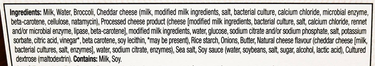 Image of the broccoli cheddar soup ingredients from the package.