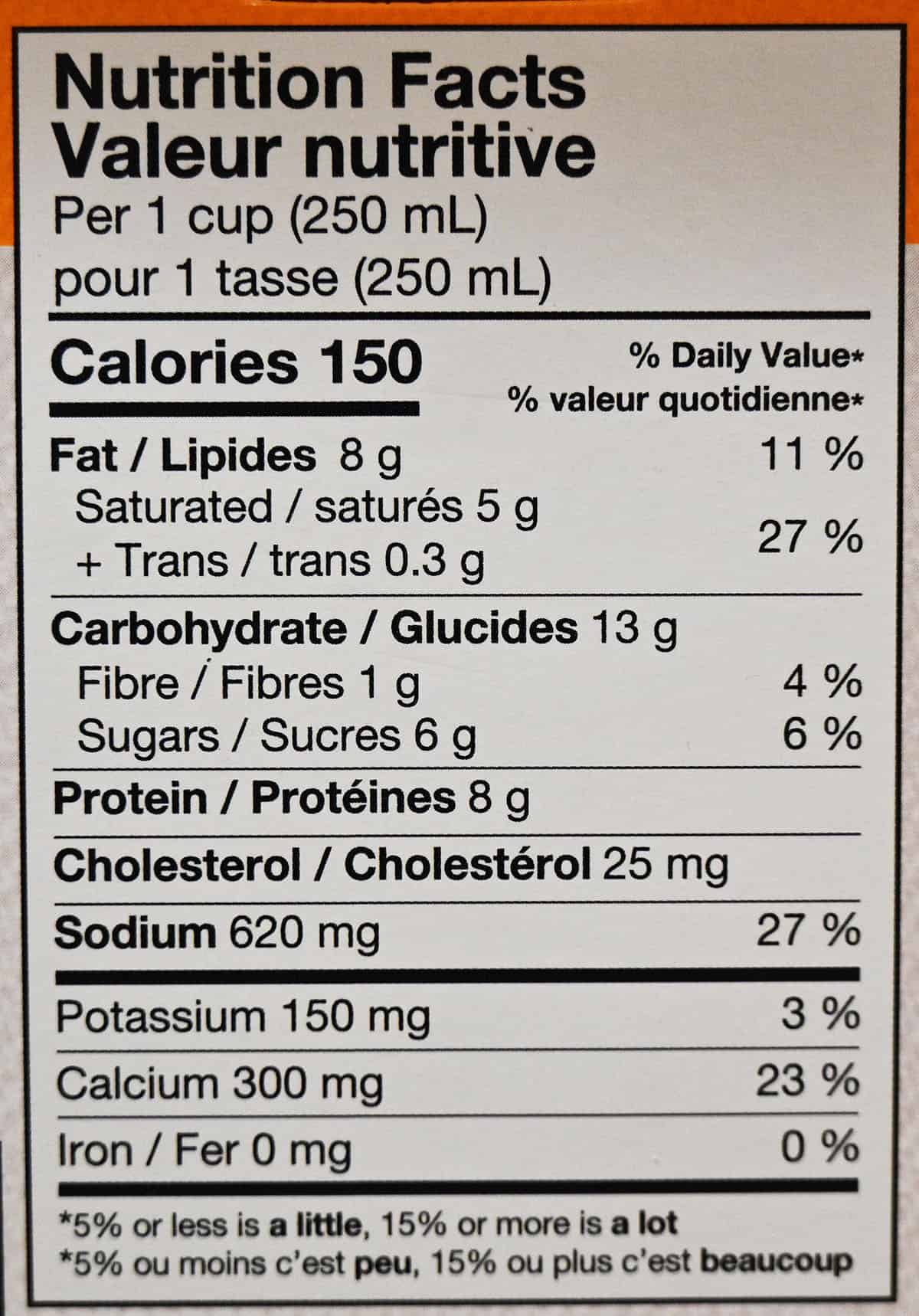 Image of the Costco broccoli cheddar soup nutrition facts label from the package.
