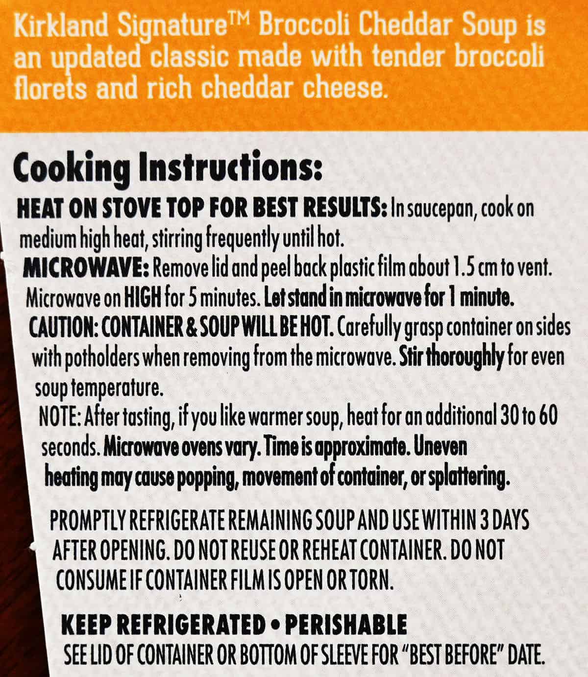 Image of the Kirkland Signature broccoli cheddar soup cooking instructions from the package.