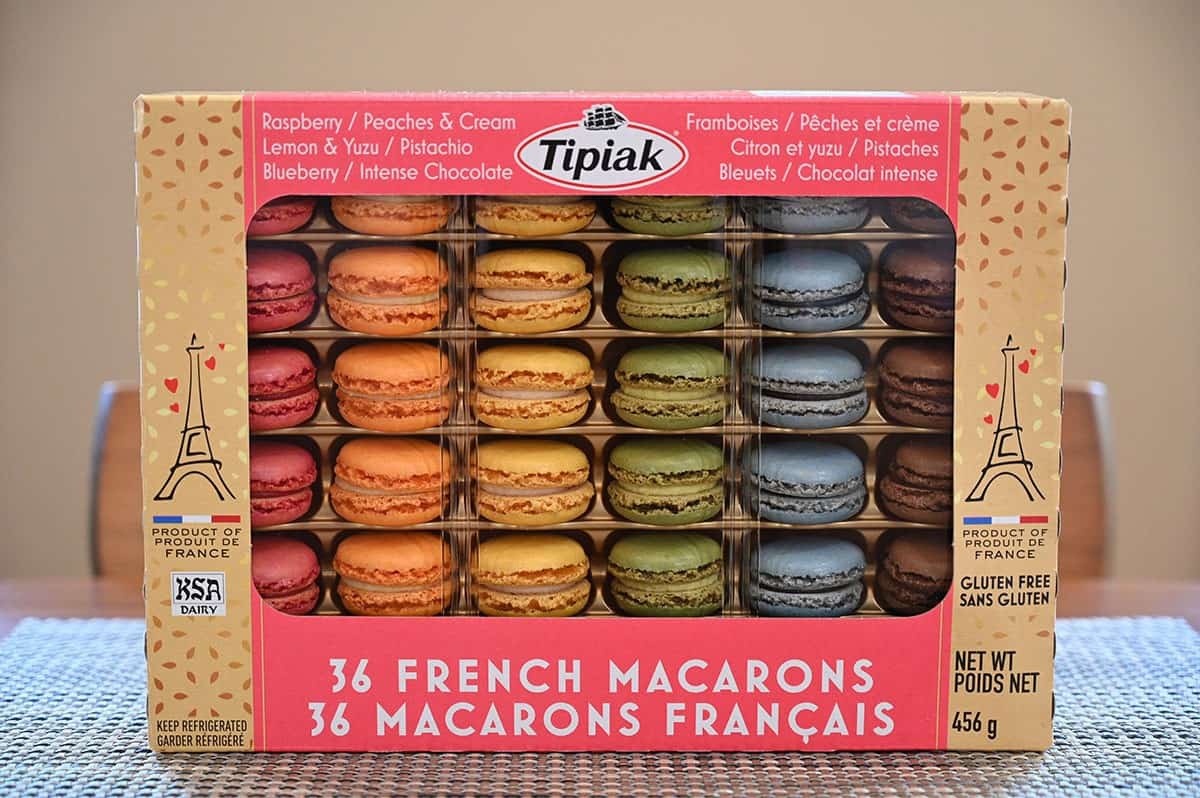 Costco Tipiak Limited Edition Spring French Macarons 2022 box sitting on a table. 