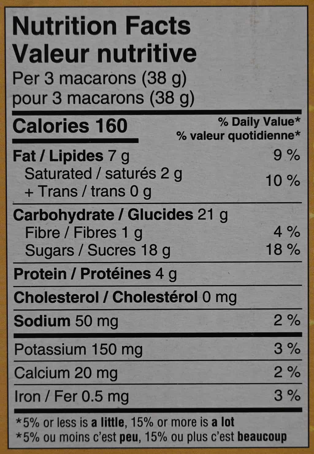 The nutrition facts for the Costco macarons. 