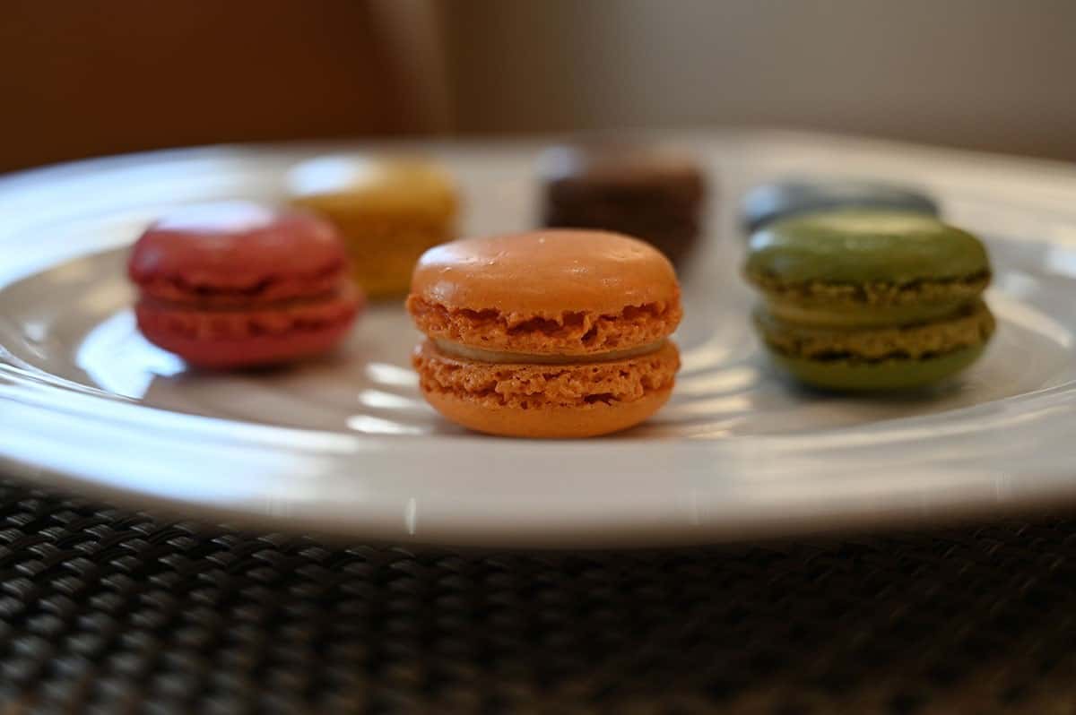 Closeup photo of a macaron on a plate. 