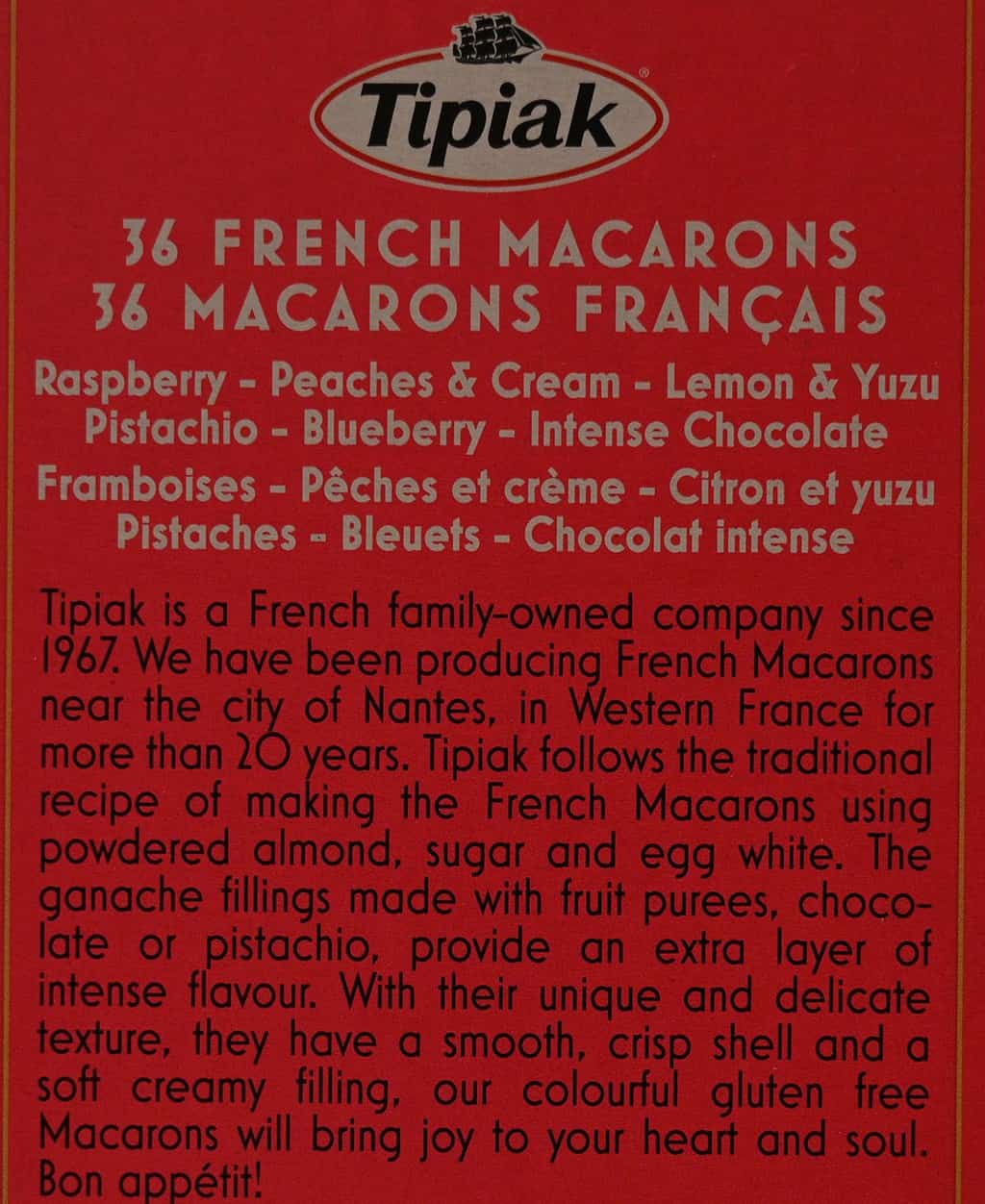 Product description from the box of the Costco Tipiak Macarons. 