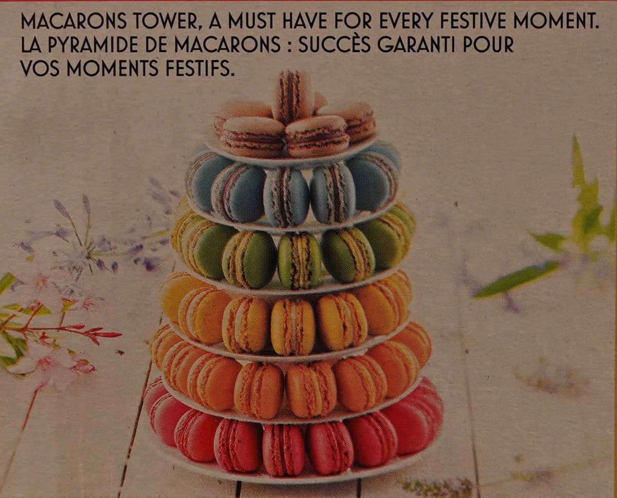 Image of a Costco Tipiak French Macarons on a macarons tower. 
