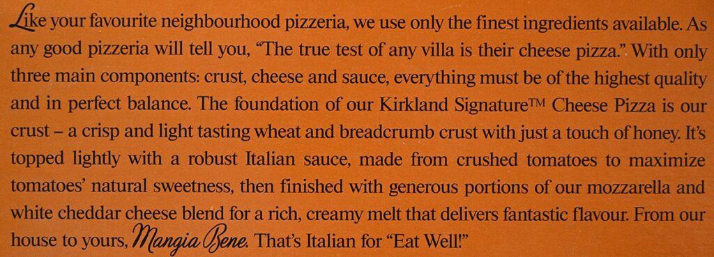 Image of the product description of the Costco Kirkland Signature Frozen Cheese Pizza that comes on the box