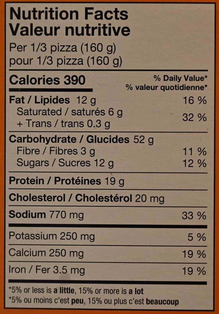 Image of the Costco Kirkland Signature Frozen Cheese Pizza nutrition facts