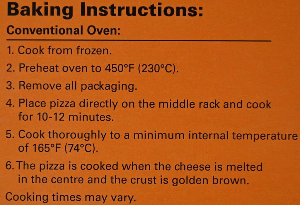 Image of the cooking instructions for the Costco Kirkland Signature Frozen Cheese Pizza 