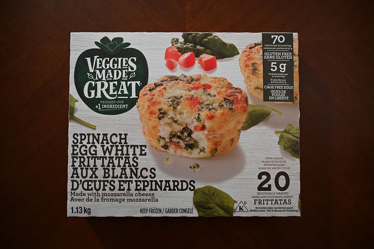 Image of the Costco Veggies Made Great Spinach Egg White Frittatas box sitting on a table.