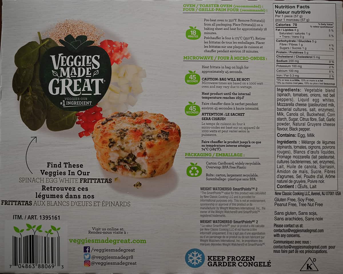 Image of the back of the frittatas box showing cooking instructions, where they're made and how many weight watchers smart points they have.