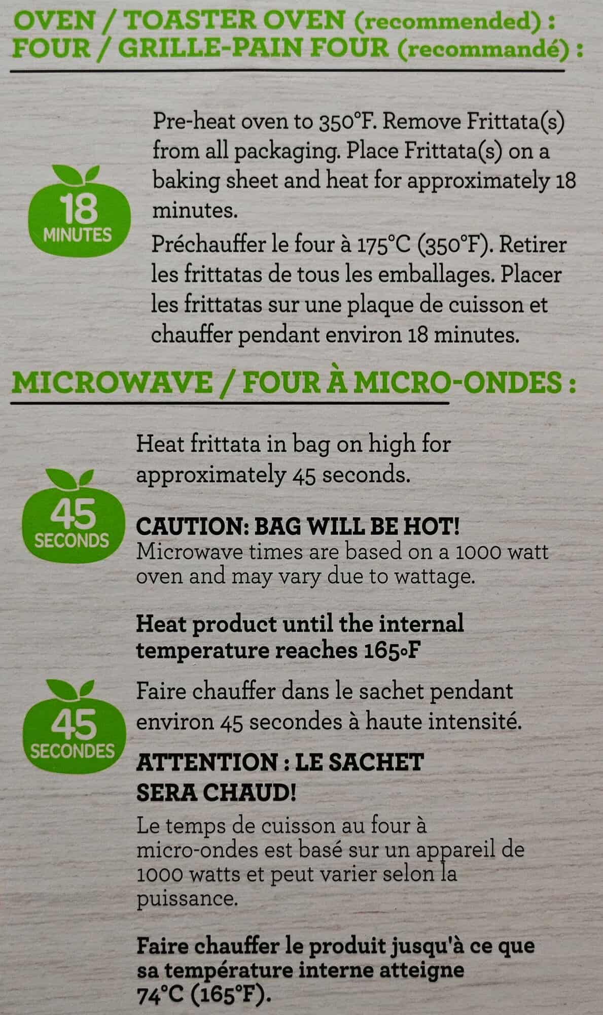 Image of the cooking instructions for the frittata from the back of the box.