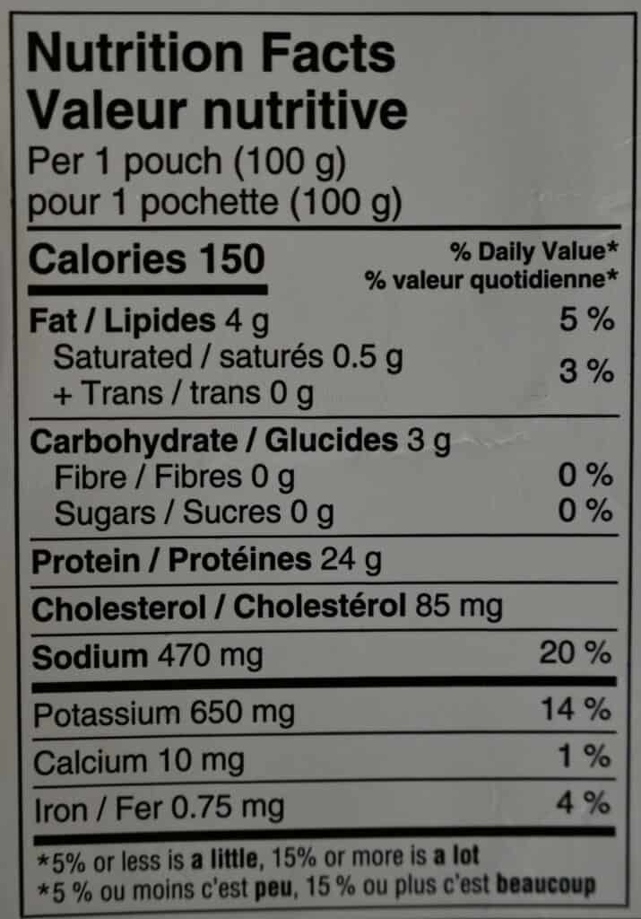 Costco Fresh Additions Fully Cooked Chicken Breast Bites nutrition facts label.
