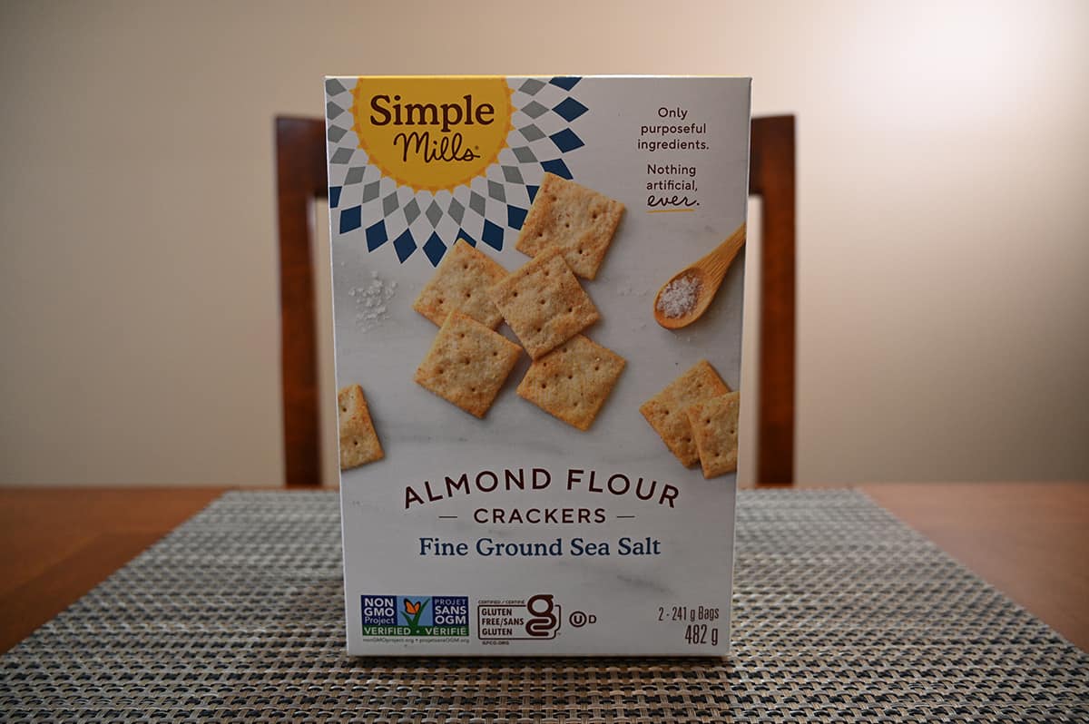 Image of the Costco Simple Mills Almond Flour Crackers box sitting on a table unopened.