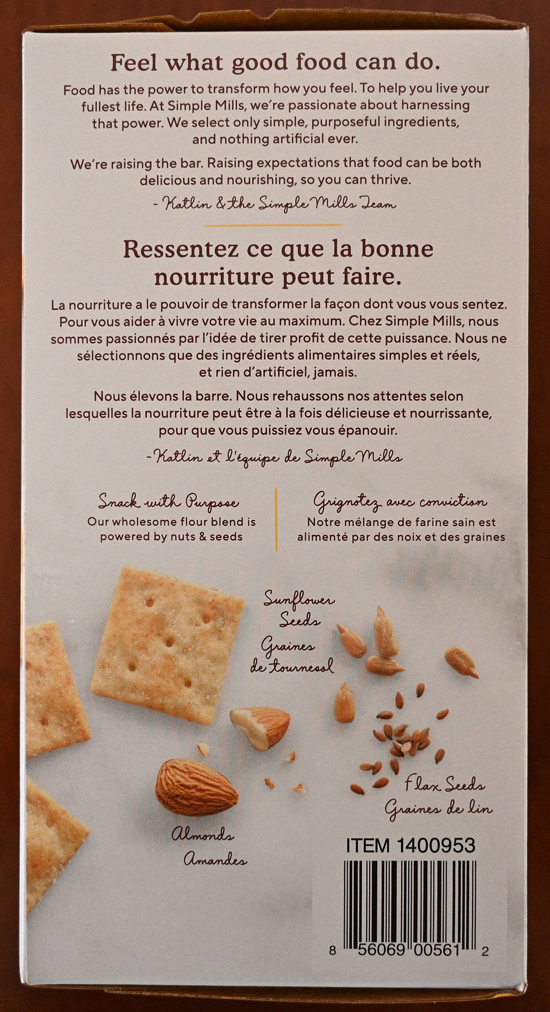 Image of the Simple Mills crackers product description from the back of the box.